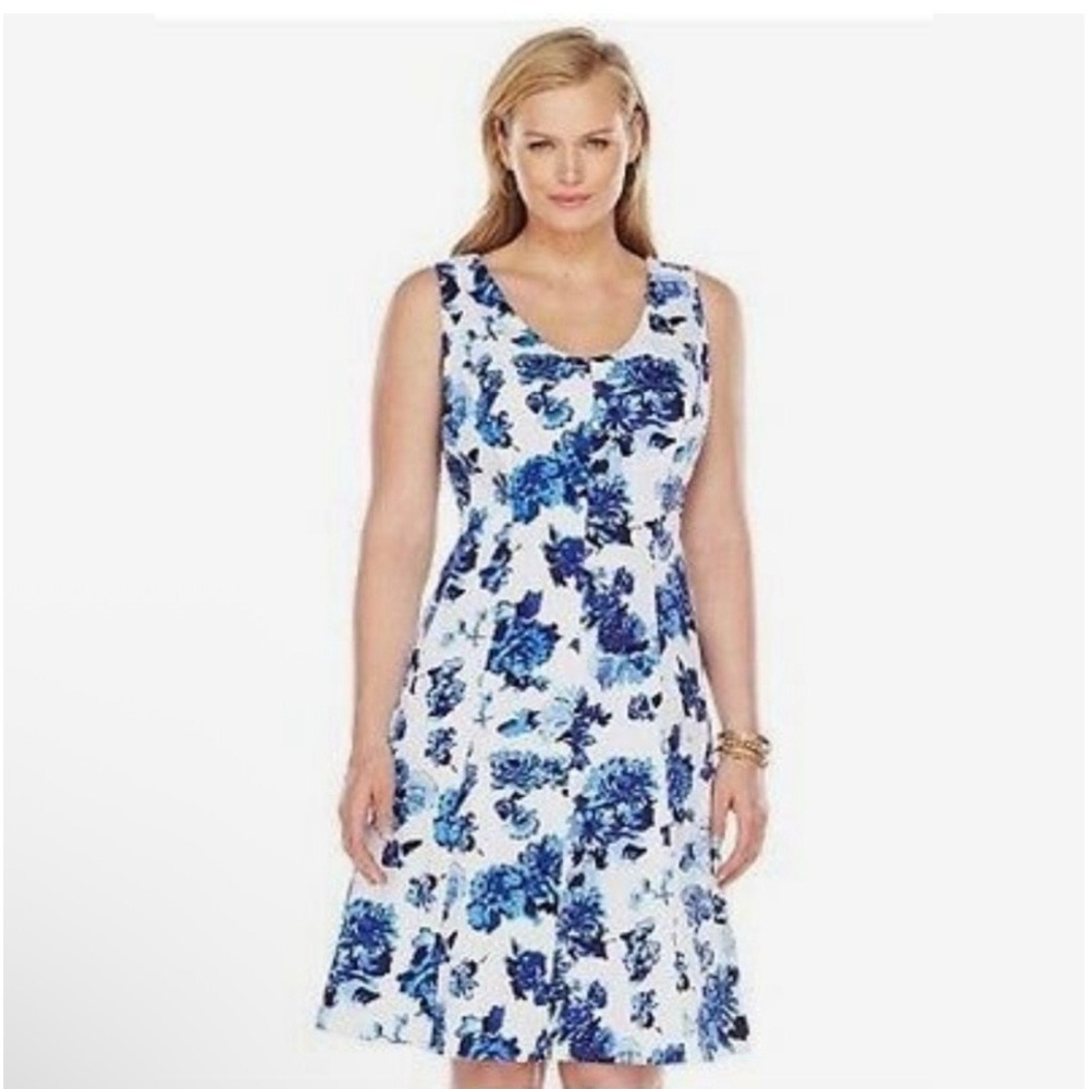 Chaps Blue White Floral Fit Flare Dress Sleeveless V-Back Size 2 NWT